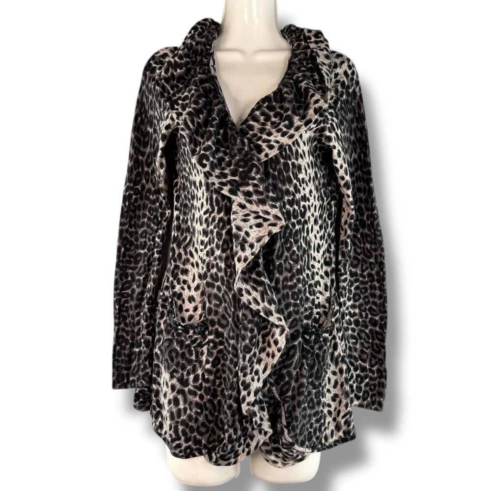 Y2K Leopard Print Black/White Long Sleeve Cardigan Ruffled Collar Size M